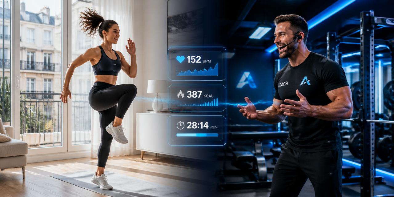 XpatFit split-screen showing an expat training at home with a coach remotely